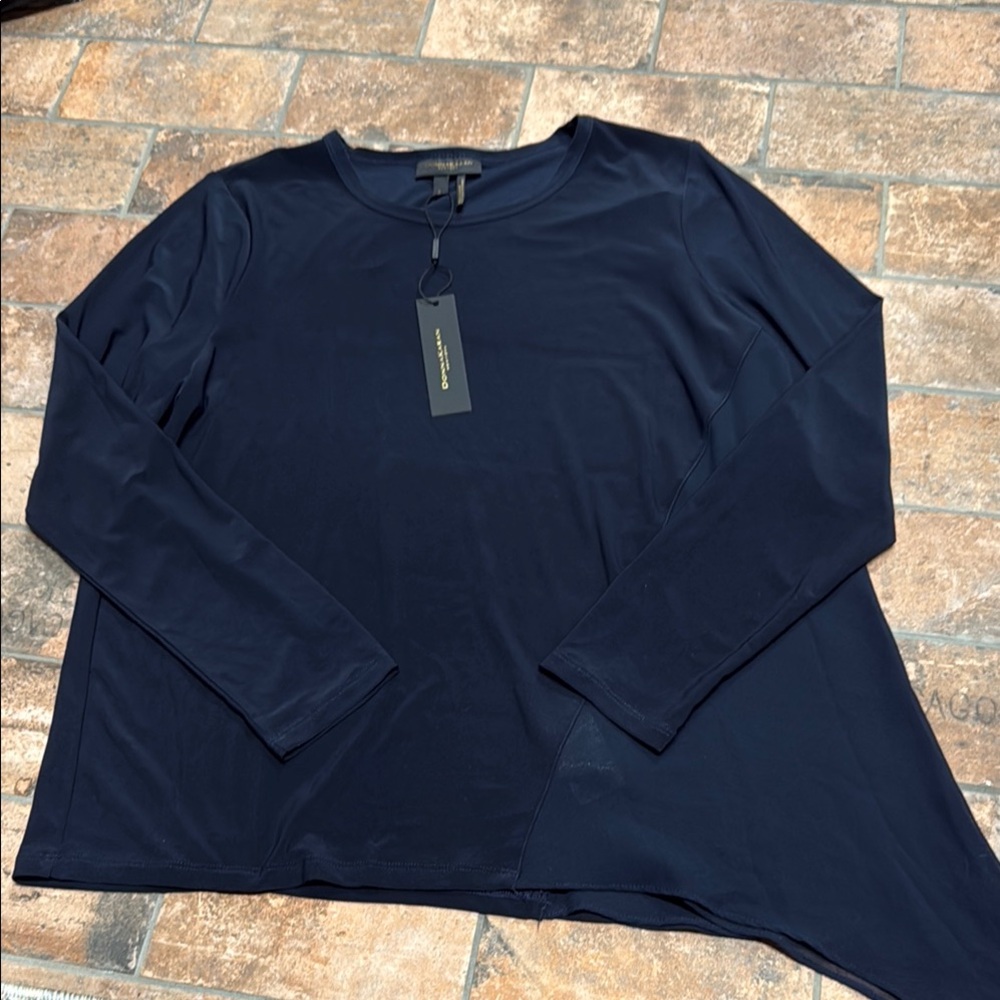 Donna Karan Navy Asymmetrical Long Sleeve Top